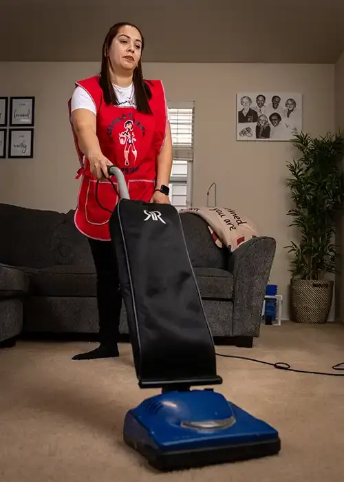 A photo of an Esthela cleaner vacuuming a thick carpet