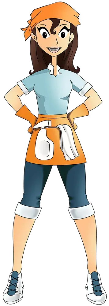 An illustration of an Esthela cleaning gal with her hands on her hips, symbolizing competence and experience.