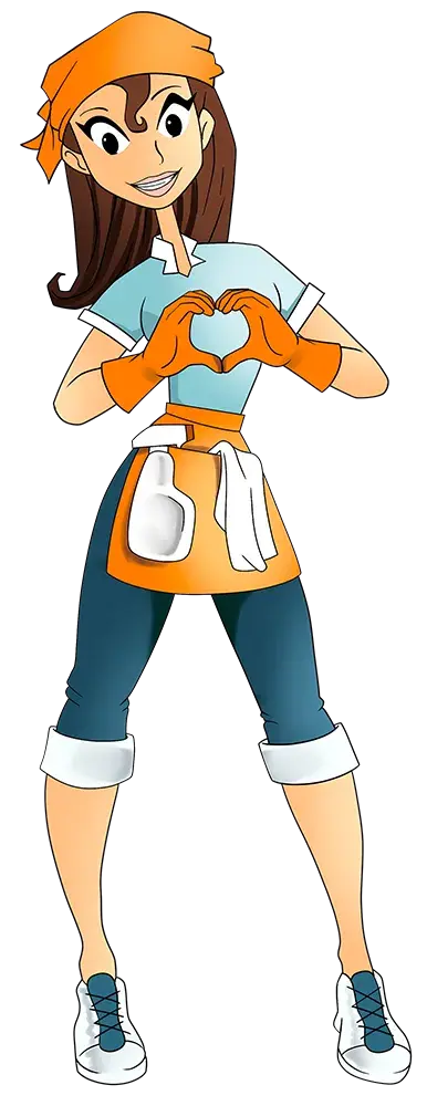 An illustration of an Esthela cleaning person making a heart shape with her hands, symbolizing love for Ethela customers.