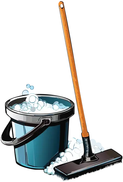 An illustration of a sudsy bucket and mop.