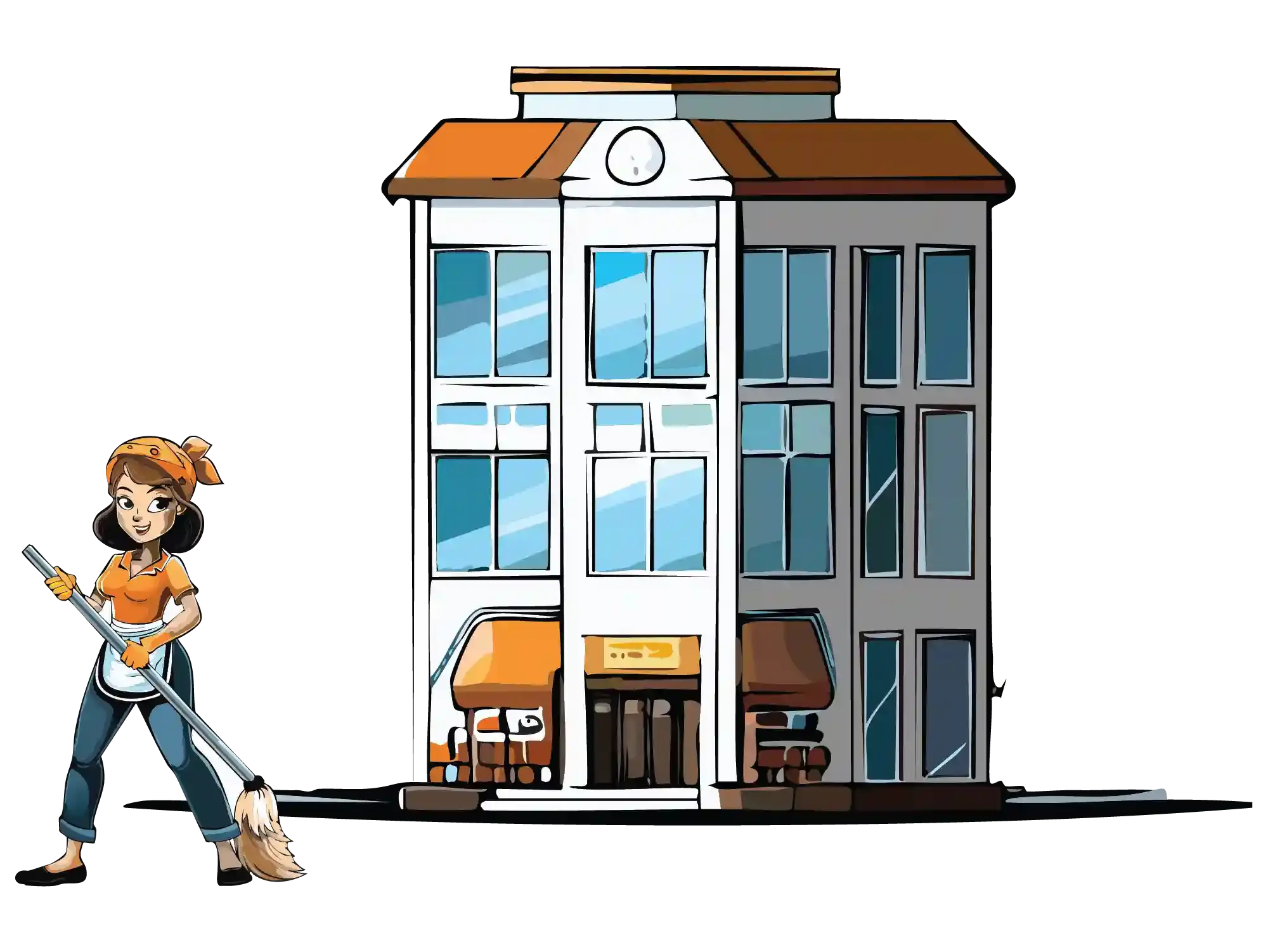 An illustration of one of Esthela's cleaners with a house, symbolizing their commercial service line