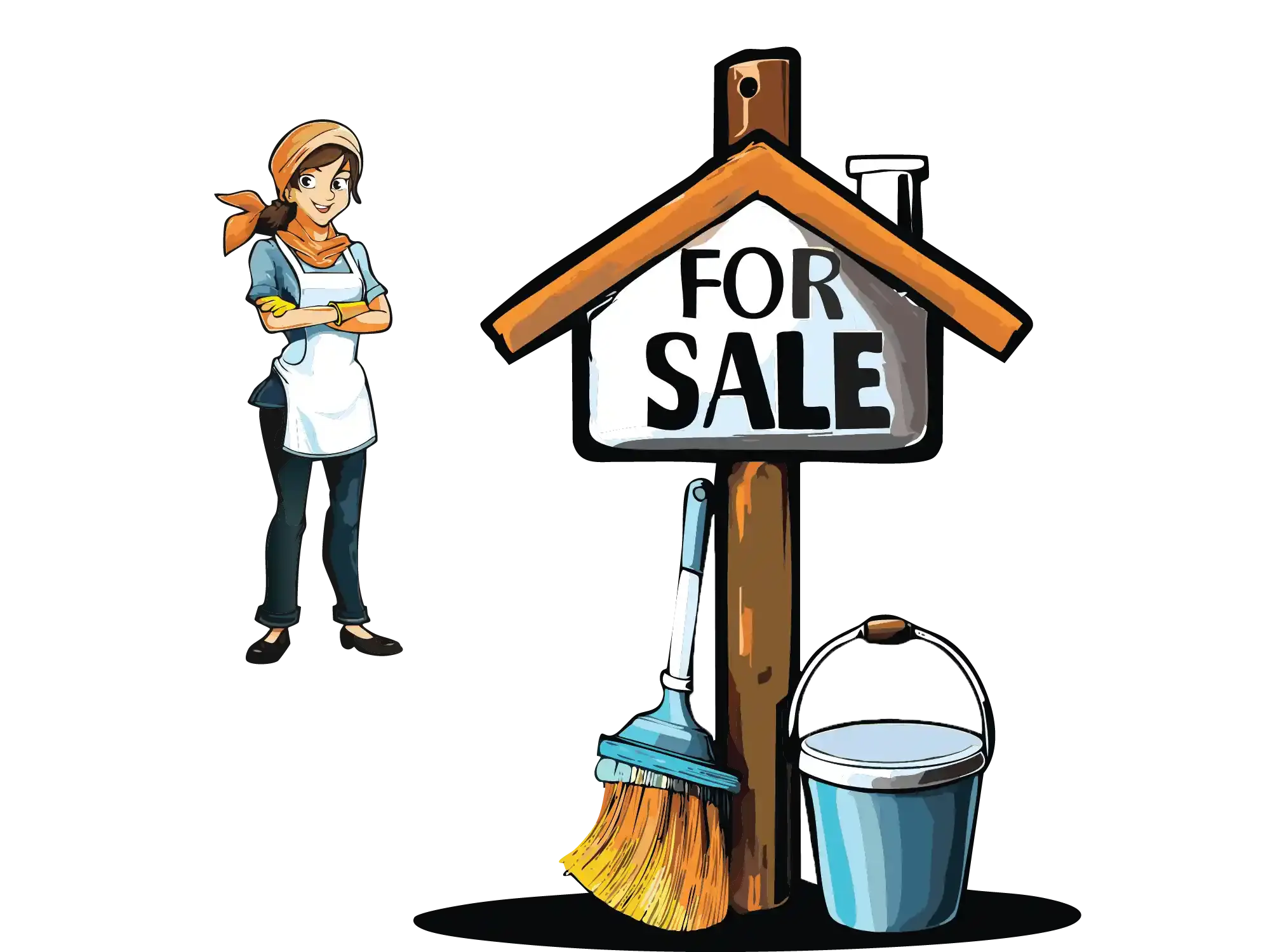 An illustration of one of Esthela's cleaners with a house that is for sale, symbolizing their pre-sale service line