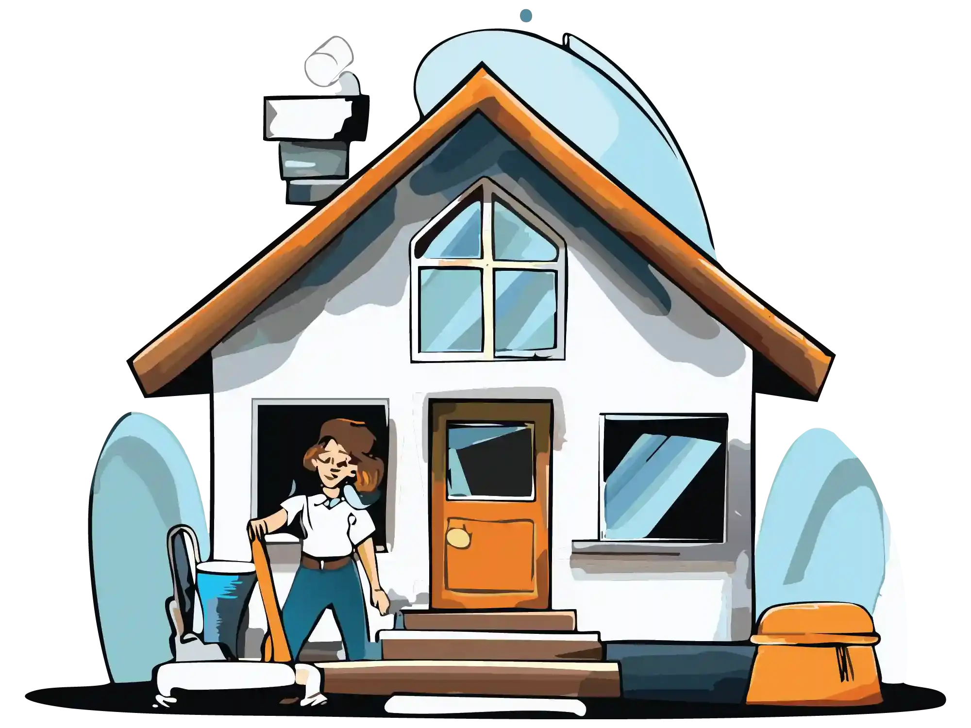 An illustration of one of Esthela's cleaners with a house, symbolizing their residential service line